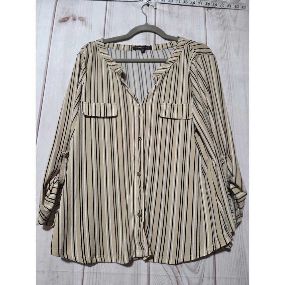 Adrienne Vittadini Tan Striped Roll Tab Sleeve Button Front Blouse XL Career